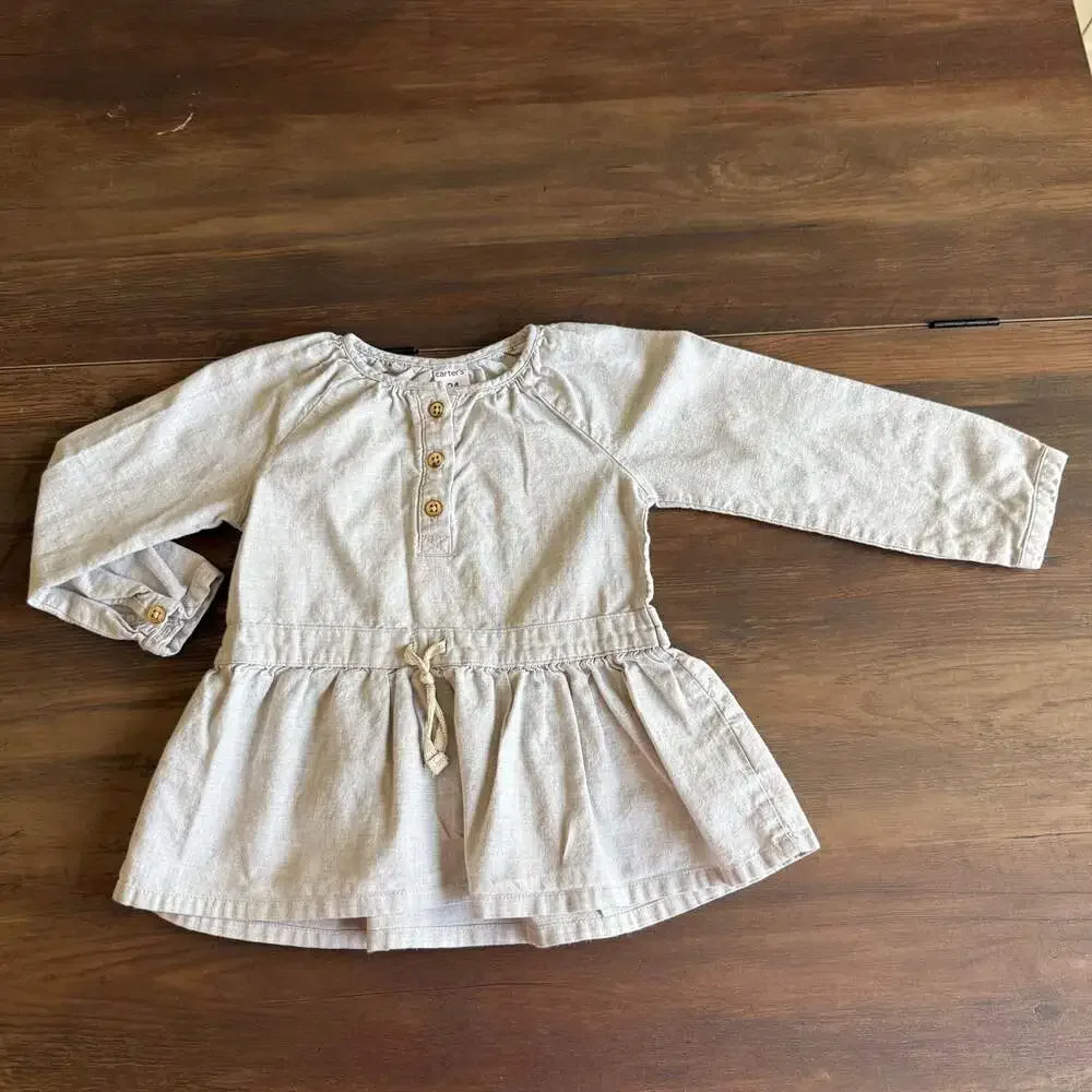 Cream Gingham Linen Tunic: Embroidered Girls' Long Sleeve Shirt - ,